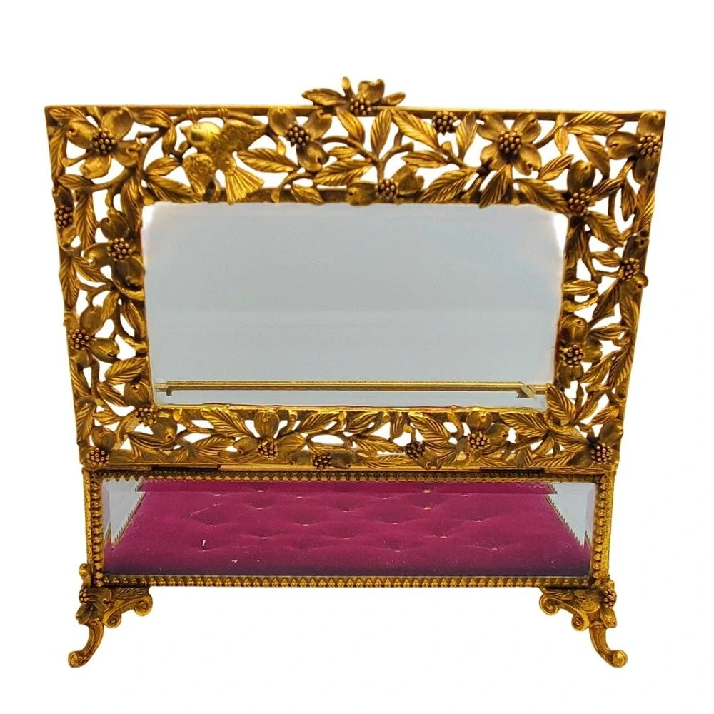 Matson Ormolu Jewelry Dogwood Casket Box Dresser Vanity Case Gilt Footed Trinket